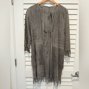 Elie Tahari Olive Green Leather Fringe Jacket